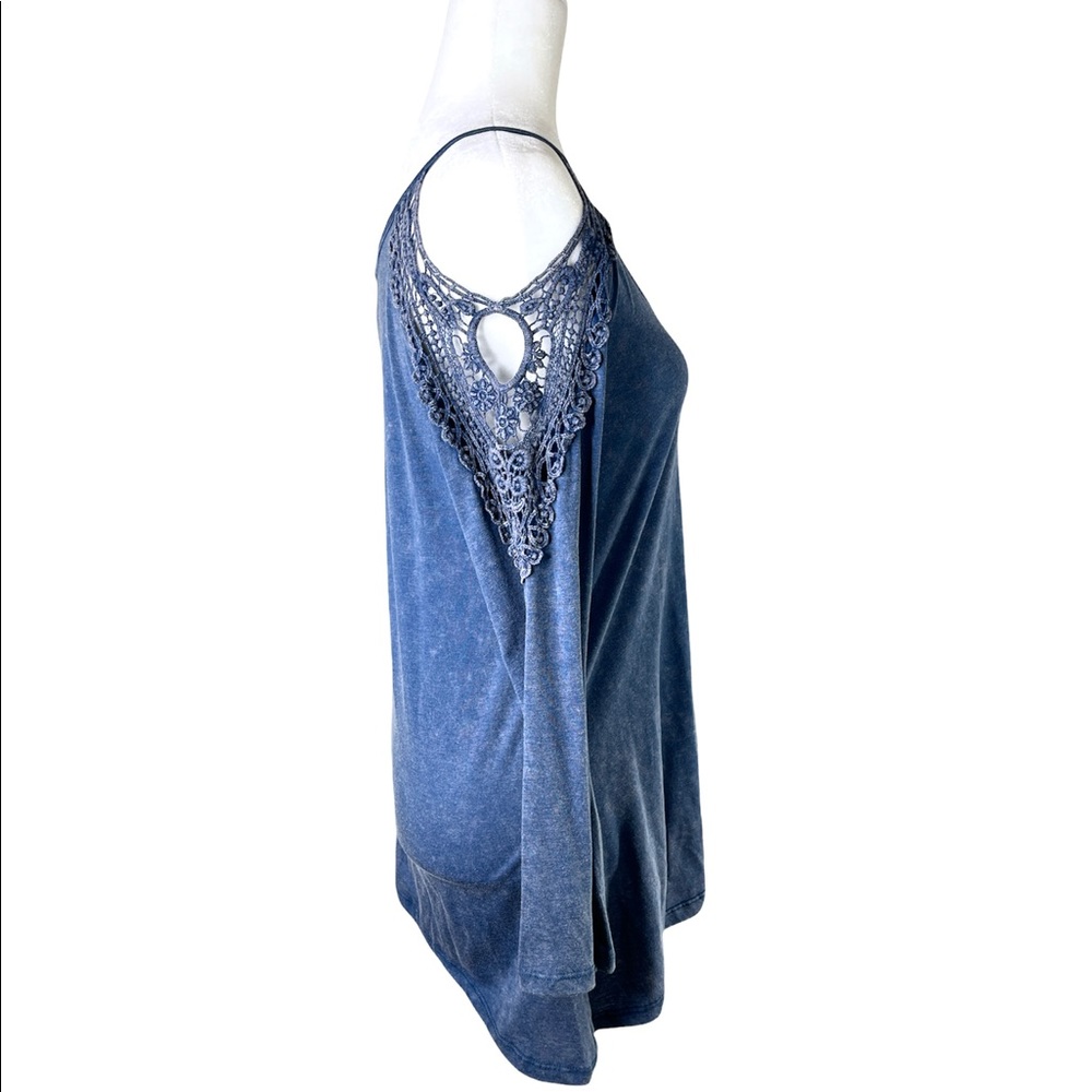 NWOT RSMR Blue Crochet Cold Shoulder Top with Bell Sleeves